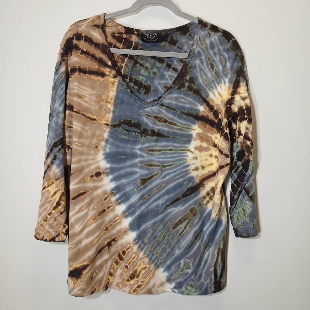 Tryst usa womens xl hippie tie dye blouse earthtone brown cotton shirt - Picture 2 of 8